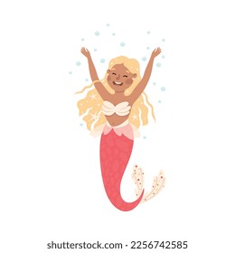 Mermaid with Wavy Hair Floating Underwater Vector Illustration