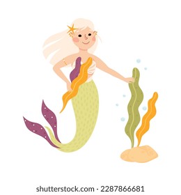 Mermaid with Wavy Hair Floating Underwater with Algae Vector Illustration