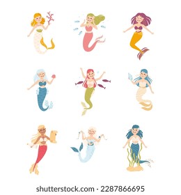 Mermaid with Wavy Hair Floating Underwater Vector Set