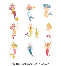 Mermaid with Wavy Hair Floating Underwater Vector Set