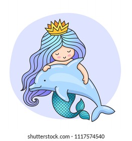 Mermaid with wavy long blue hair and dolphin. Vector illustration.
