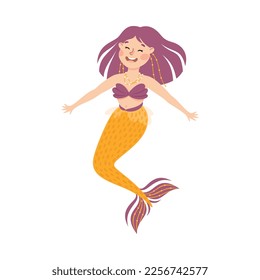 Mermaid with Wavy Purple Hair Floating Underwater Vector Illustration