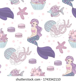 MERMAID WEDDING Princess Girl Underwater Tropical Sea Ocean Travel Cruise Vacation Animal Seamless Pattern Vector Illustration for Print Fabric Digital Paper