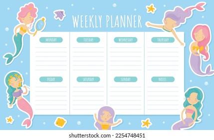 Mermaid Weekly Planner with Cute Swimming Girl with Fish Tails Vector Template