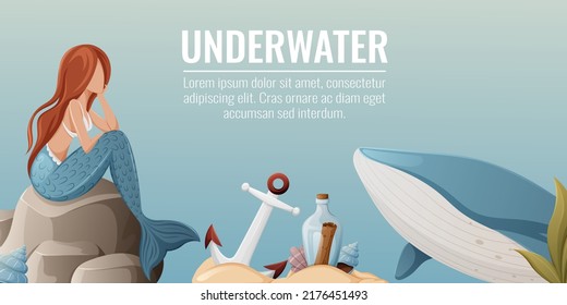 Mermaid, whale, anchor, treasure map bottle in the sand, underwater plant, seashells, vector background, illustration with place for text. Nautical cartoon style. For banner, poster, website interface