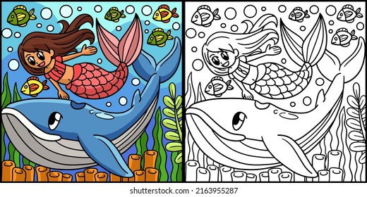 Mermaid With Whale Coloring Page Illustration