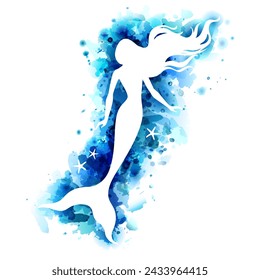 Mermaid, white vector silhouette illustration on blue watercolor spots background.