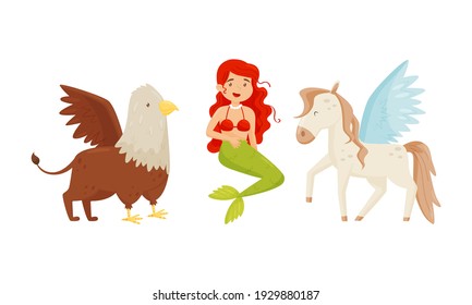 Mermaid and Winged Horse Pegasus as Mythological and Fairy Creature Vector Set