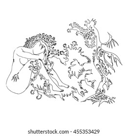 Mermaid woman with branch hair. World of Woman graphical art series. Vector Illustration