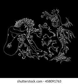 Mermaid woman with branch hair. World of Woman graphical art series. Vector Illustration