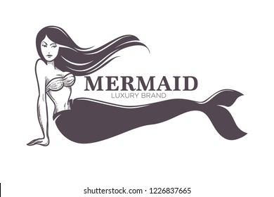 Mermaid woman with long fish  tail monochrome sketch outline vector. Fantasy female animal, marine creature with shells, sea water dweller. Mythical lady living underwater, legendary handdrawn girl