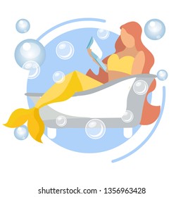 A mermaid woman is reading a book in the bathroom. In minimalist style. Flat isometric vector illustration