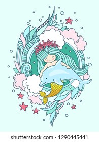 Mermaid in a wreath of starfish, with dolphin. Vector book illustration, t-shirt, print, poster, postcard.