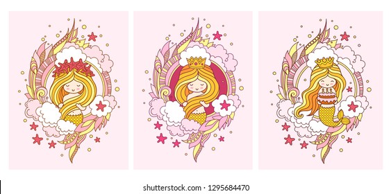 Mermaid in a wreath of starfish, princess with birthday cake. Doodle style. Vector illustration for postcard, notebook, shop, poster, t-shirt, poster, children book.