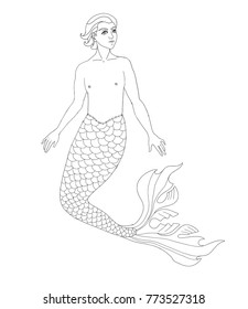 Mermaid  young man or boy vector illustration for adult coloring book. 