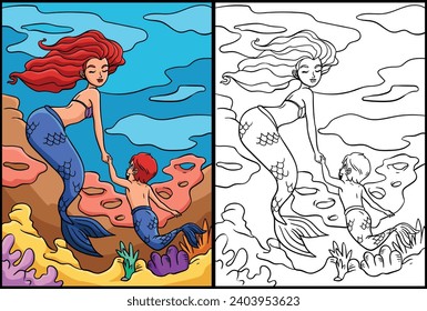 Mermaid and Young Merman Coloring Illustration