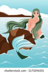Mermaid. A young woman with long green hair looks out of the ocean waving her mermaid tail next to a rock. Vector illustration of mythology and fairy tales.