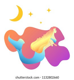 mermaid.Character mermaid floats on sea against sky,moon,stars. Fantastic landscape. Beautiful girl,woman with with fin.Modern flat cartoon vector illustration icons. Isolated on white. Flying mermaid