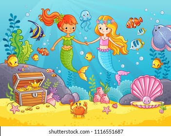 Mermaids among the fishes hold hands.
Mermaid's girlfriends. Vector illustration on a sea theme in cartoon style. Picture with fish under water.