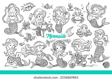 Mermaids with beautiful girl with fish tail who lives at bottom of ocean. Mermaids use gadgets and meditate or play with precious rubies and seashells that live underwater. Hand drawn.