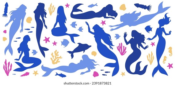Mermaids beautiful underwater fairytale creature silhouettes swimming, dancing in water with dolphin and jellyfish among seaweed set. Mythic siren character with fins and long tail vector illustration