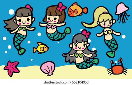 mermaids cartoons set with undersea background