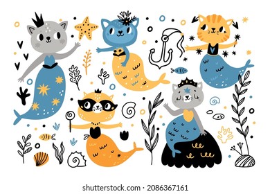 Mermaids cats. Cute little marine characters with cats heads and fish tails, sea animals, fabulous magic creatures, underwater fairy, doodle mythological person childish