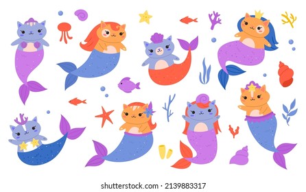 Mermaids cats. Little funny kittens with fish tails and scales, cute fairy ocean creatures, underwater magic fauna, colorful sea animals, girly doodle stickers collection, vector cartoon isolated set