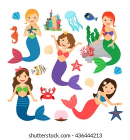 Mermaids characters set. Cute mermaids vector illustration
