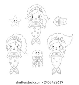 Mermaids coloring pages for kids, girls, adults. Princess, fairy girl . Coloring page baby dolls. Coloring book, page.For girls. Vector illustration isolated on white background. Printable. Pattern