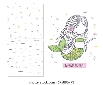 Mermaids exist. Surface design and 2 seamless patterns. Use for print, fashion kids wear. Cartoon vector illustration