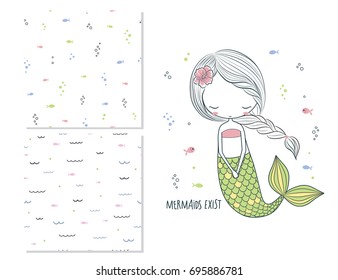 Mermaids exist. Surface design for kids and 2 seamless patterns. Use for t shirt template, print, fashion wear. Cartoon vector illustration