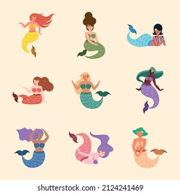 mermaids fantasy characters icon collection