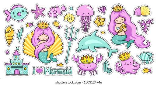 Mermaids, fish, dolphin, crab, octopus, jellyfish, castle, trident, crown, diamond. Set of kawaii sea cartoon stickers. Vector collection.