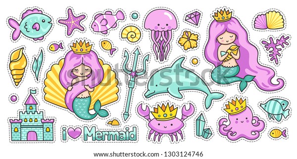 Mermaids, fish, dolphin, crab, octopus,\
jellyfish, castle, trident, crown, diamond. Set of kawaii sea\
cartoon stickers. Vector\
collection.