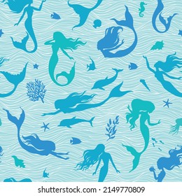 Mermaids, fish, seashells, fihes, dolfins and seaweeds silhouette seamless pattern, vector illustration.Marine background for textile, prints, paper products, the Web.