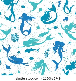 Mermaids, fish, seashells, fihes, dolfins and seaweeds silhouette seamless pattern, vector illustration.Marine background for textile, prints, paper products, the Web.