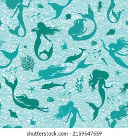 Mermaids, fish, seashells, fihes, dolfins and seaweeds silhouette seamless pattern, vector illustration.Marine background for textile, prints, paper products, the Web.