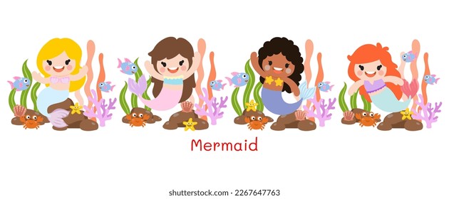 Mermaids Flat Clipart, sea animals and ocean life objects 