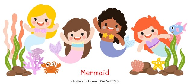 Mermaids Flat Clipart, sea animals and ocean life objects 