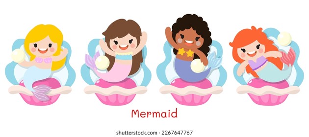 Mermaids Flat Clipart, sea animals and ocean life objects 