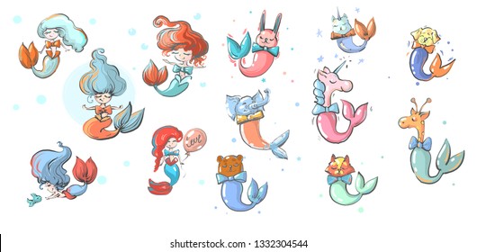 Mermaids girls and animals with fish tails vector illustration