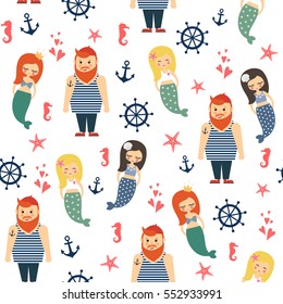 Mermaids girls with sailor, anchor, starfish seamless pattern on white background. Vector sea background for kids. Child drawing style cartoon underwater illustration.Design for fabric, textile, decor