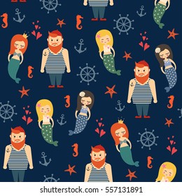 Mermaids girls with sailor, anchor, starfish seamless pattern on dark blue background. Vector sea background for kids. Cartoon underwater illustration.Design for fabric, textile, decor