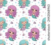 Mermaids girls vector pattern. Cute cartoon card with little mermaid seamless pattern. Fish, mermaid under the sea  cartoon style