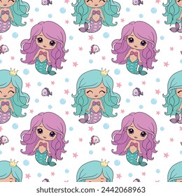 Mermaids girls vector pattern. Cute cartoon card with little mermaid seamless pattern. Fish, mermaid under the sea  cartoon style