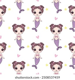 Mermaids girls vector pattern. Cute cartoon card with little mermaid seamless pattern. Fish, mermaid under the sea cartoon style