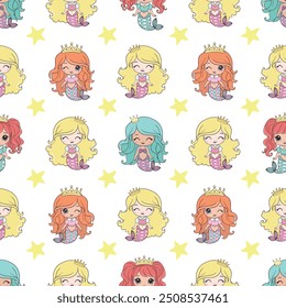 Mermaids girls vector pattern. Cute cartoon card with little mermaid seamless pattern. Fish, mermaid under the sea cartoon style