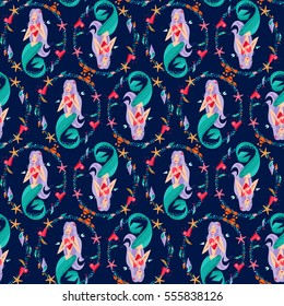 Mermaids with a heart pierced with an arrow. St. Valentine's Day. Seamless background pattern. Vector illustration