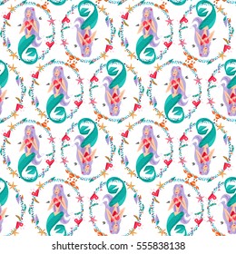 Mermaids with a heart pierced with an arrow. St. Valentine's Day. Seamless background pattern. Vector illustration